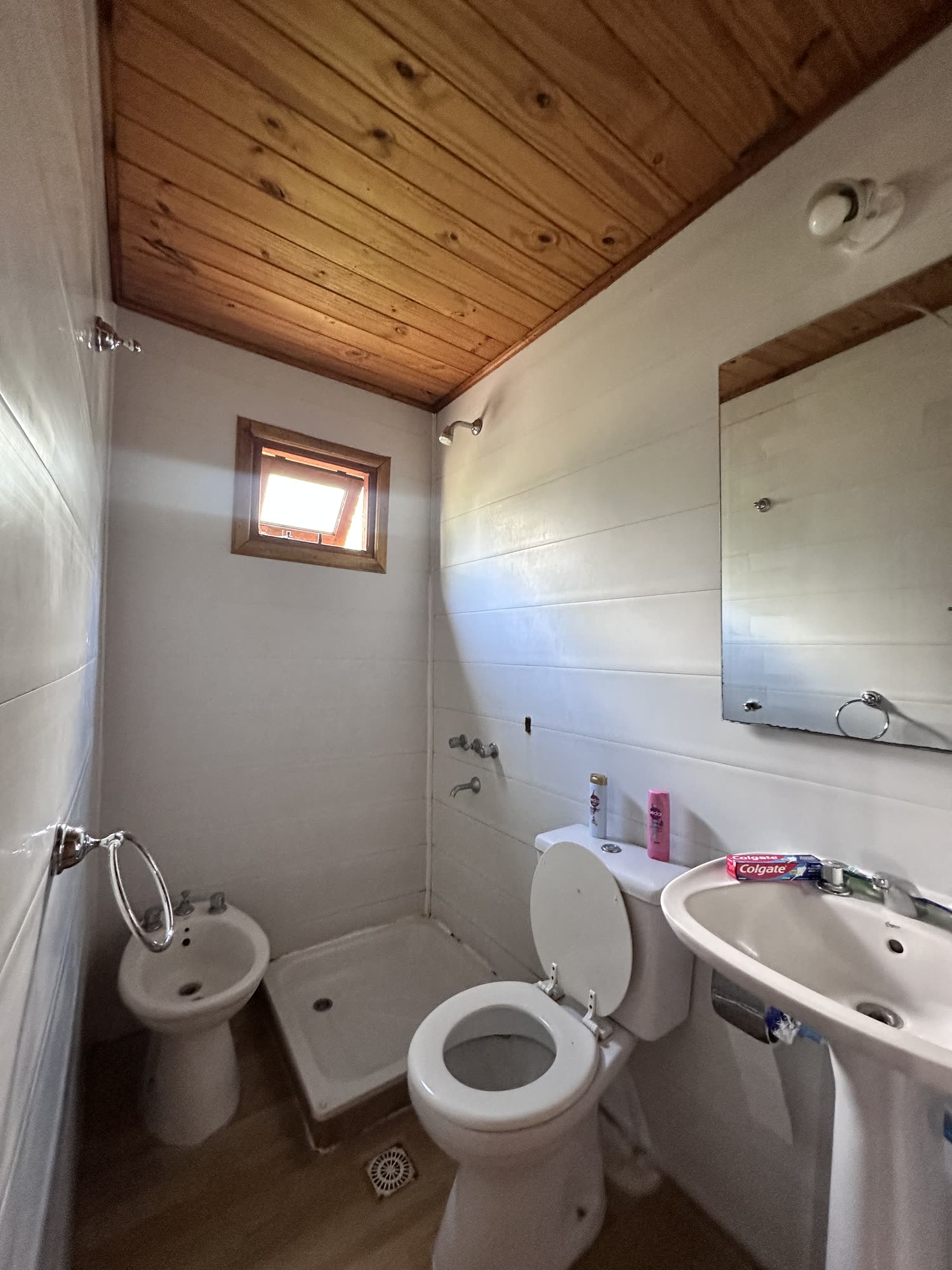 Baño privado de la cabaña con ducha, inodoro, bidet y lavatorio, con techo de madera